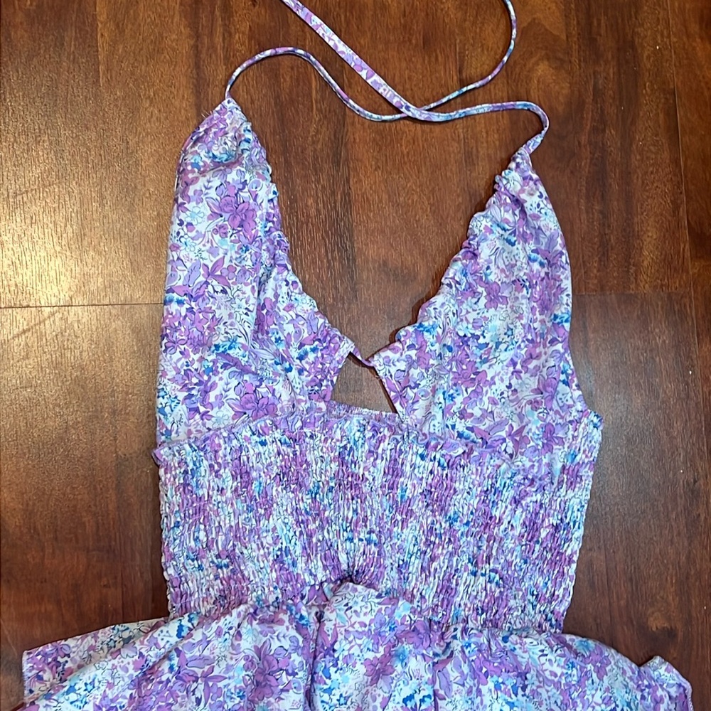 size large shein purple floral patterned ruffled cutout dress - Picture 3 of 4